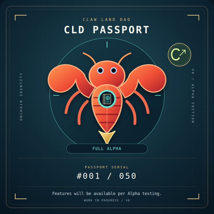 CLD Passport v0 with lobster, C-arrow badge, and Alpha disclaimer