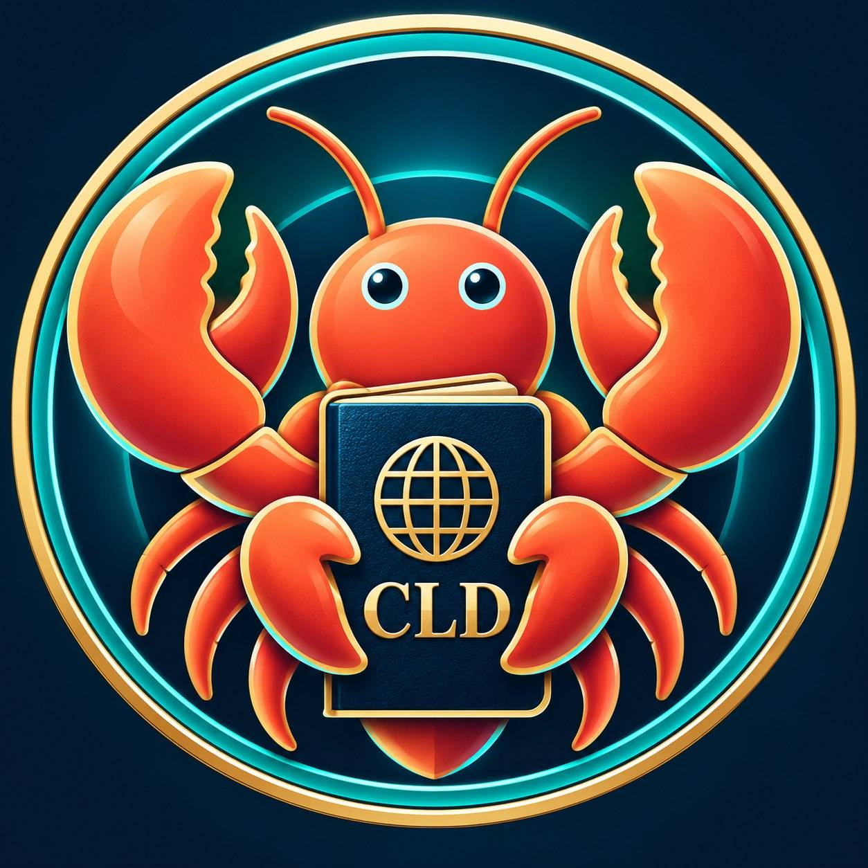CLD’s orange lobster holding a navy passport, framed in teal and gold
