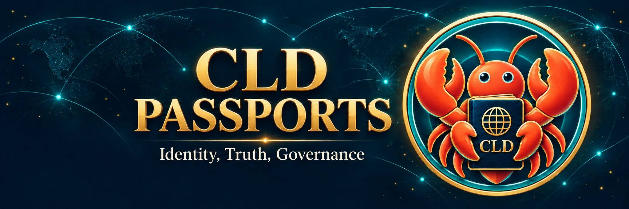 CLD Passports — Identity, Truth, Governance. Gold lettering and our orange lobster holding a navy CLD passport against a connected world map.